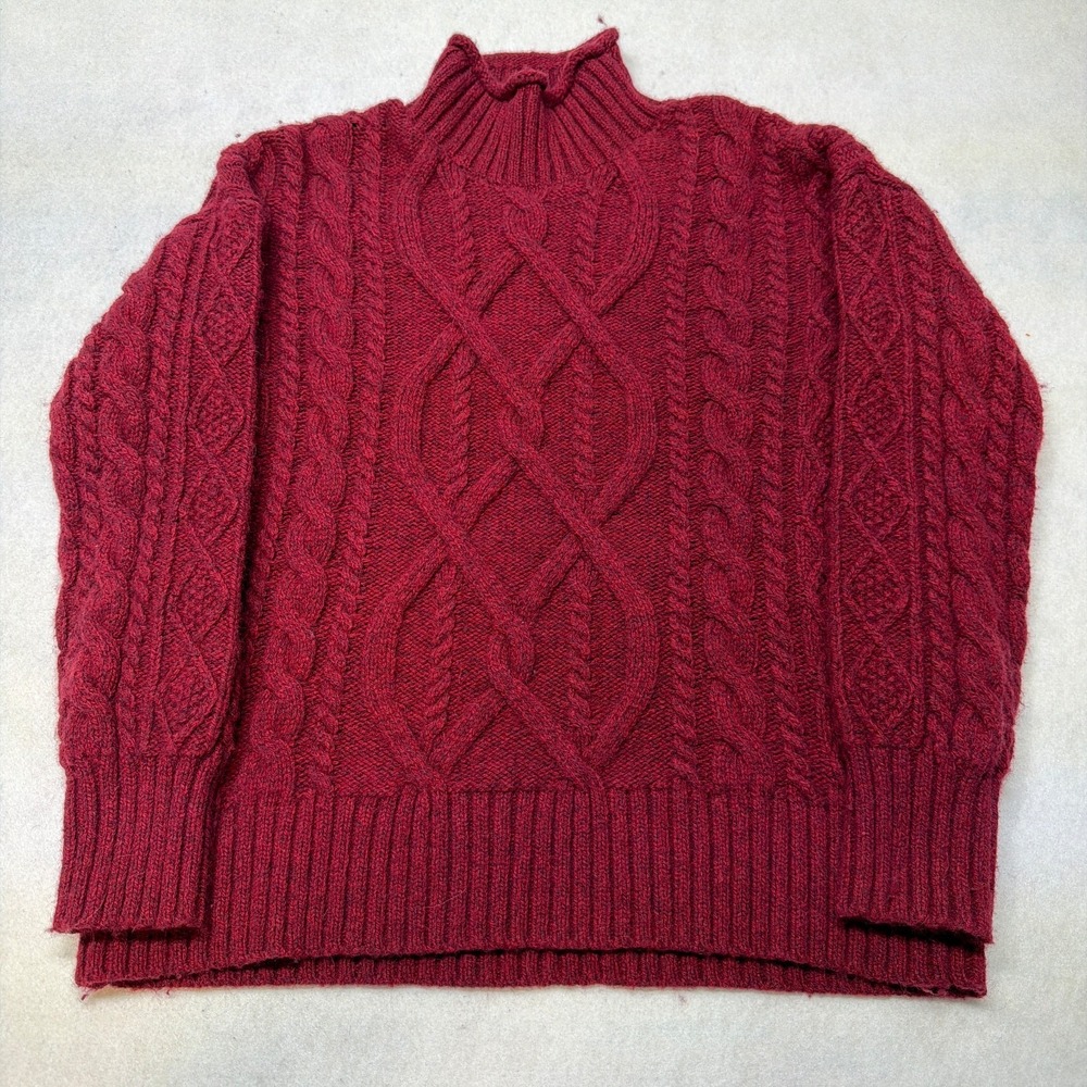 VINTAGE LL Bean Sweater Womens Large Red Mock Neck Knit Neck Wool‎ Blend 90s